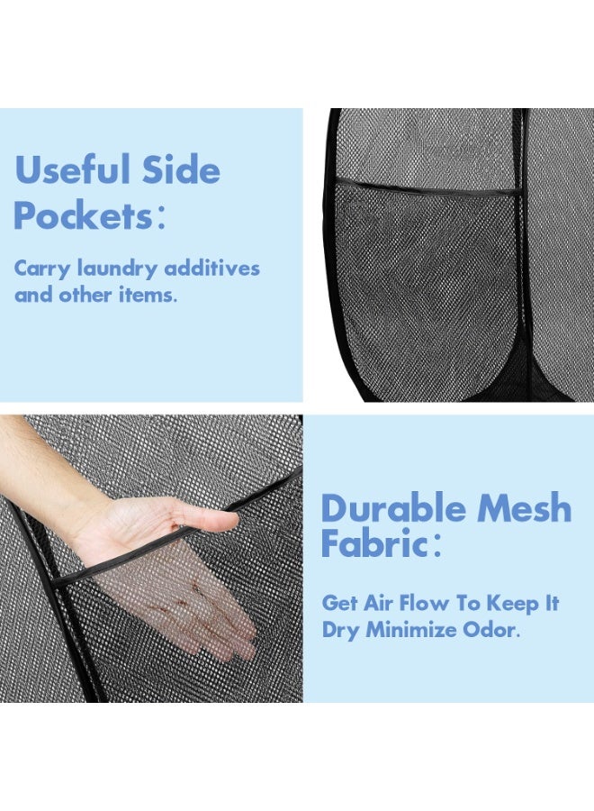 سلة غسيل قابلة للطي عبوتان، سلة غسيل شبكية منبثقة مع فتحة واسعة وجيب جانبي - تصميم مسامي ومتين وقابل للطي وموفر للمساحة للملابس والتخزين (أسود) - Image 4